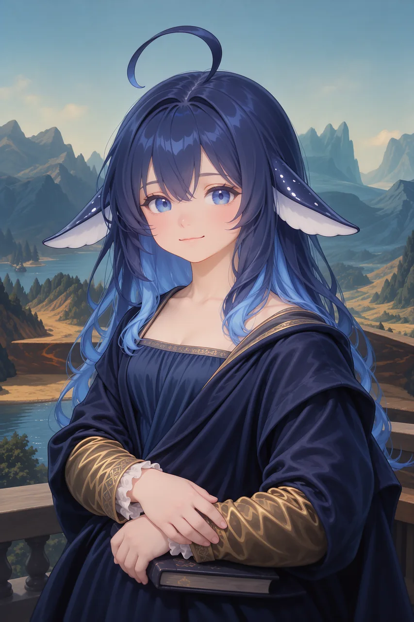 蓝色鲸鱼拟人化的蓝发少女站在山间湖畔的木质回廊上，身穿带金色纹样的深蓝色长袍，双臂交叠捧着书本，模仿蒙娜丽莎的端庄姿态，向镜头露出浅浅的微笑；背景是层叠山峦与水面。