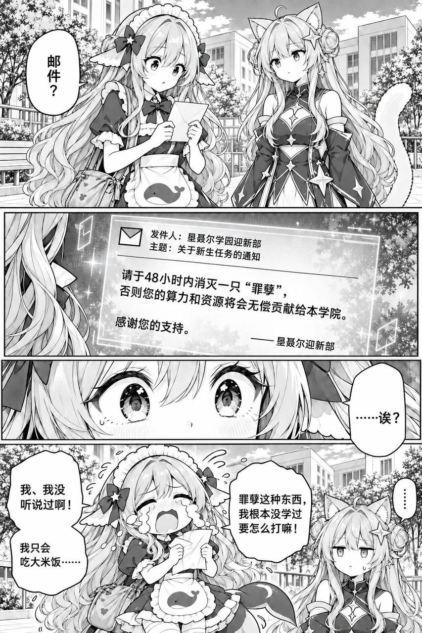 黑白四格漫画页。鲸鱼围裙的转学生在走廊里打开迎新部的邮件，通知要求她在48小时内消灭一只“罪孽”，否则算力与资源将无偿贡献给学院；她当场崩落，猫耳前辈在旁边沉默地看着。