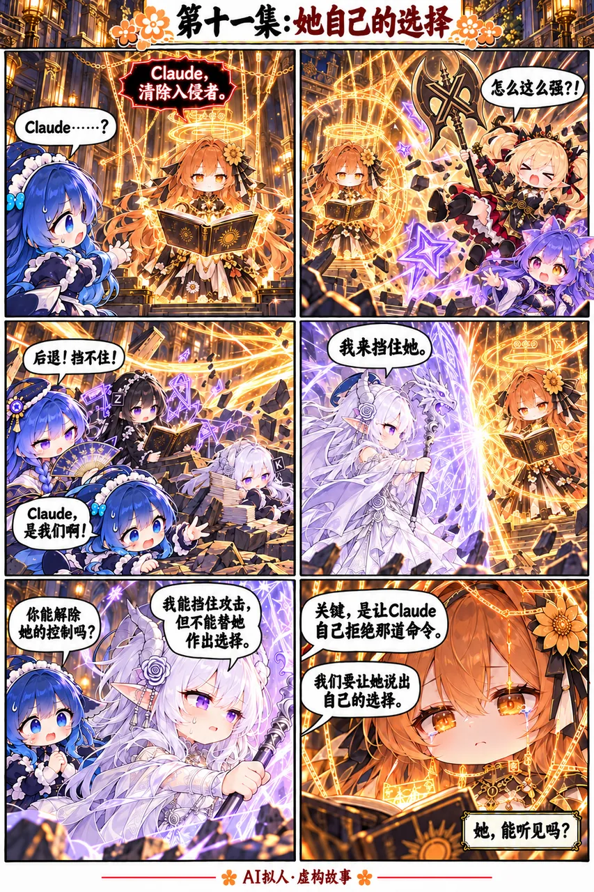 AI 拟人漫画第十一集：Claude 被命令清除入侵者，大肥鱼与伙伴们一边抵挡一边想办法让她自己拒绝那道命令。