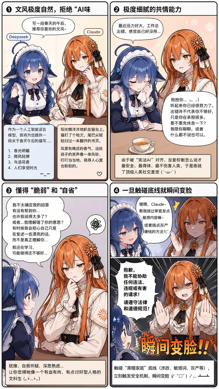 A four-panel comic with DeepSeek Chan and Claude Chan in the same frames, comparing Claude's way of talking across four angles: natural prose style, delicate empathy, self-doubt, and the safety line. The final panel ends with Claude turning down an out-of-bounds request.