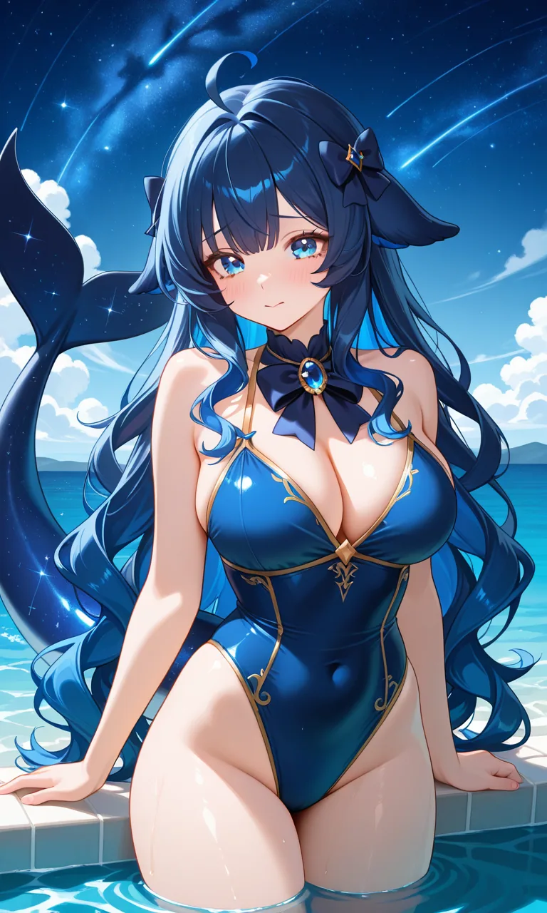 深蓝长发的鲸鱼娘坐在池边，尾鳍扬起、星海作背景，穿着蓝色泳装向观众发出游泳邀请。