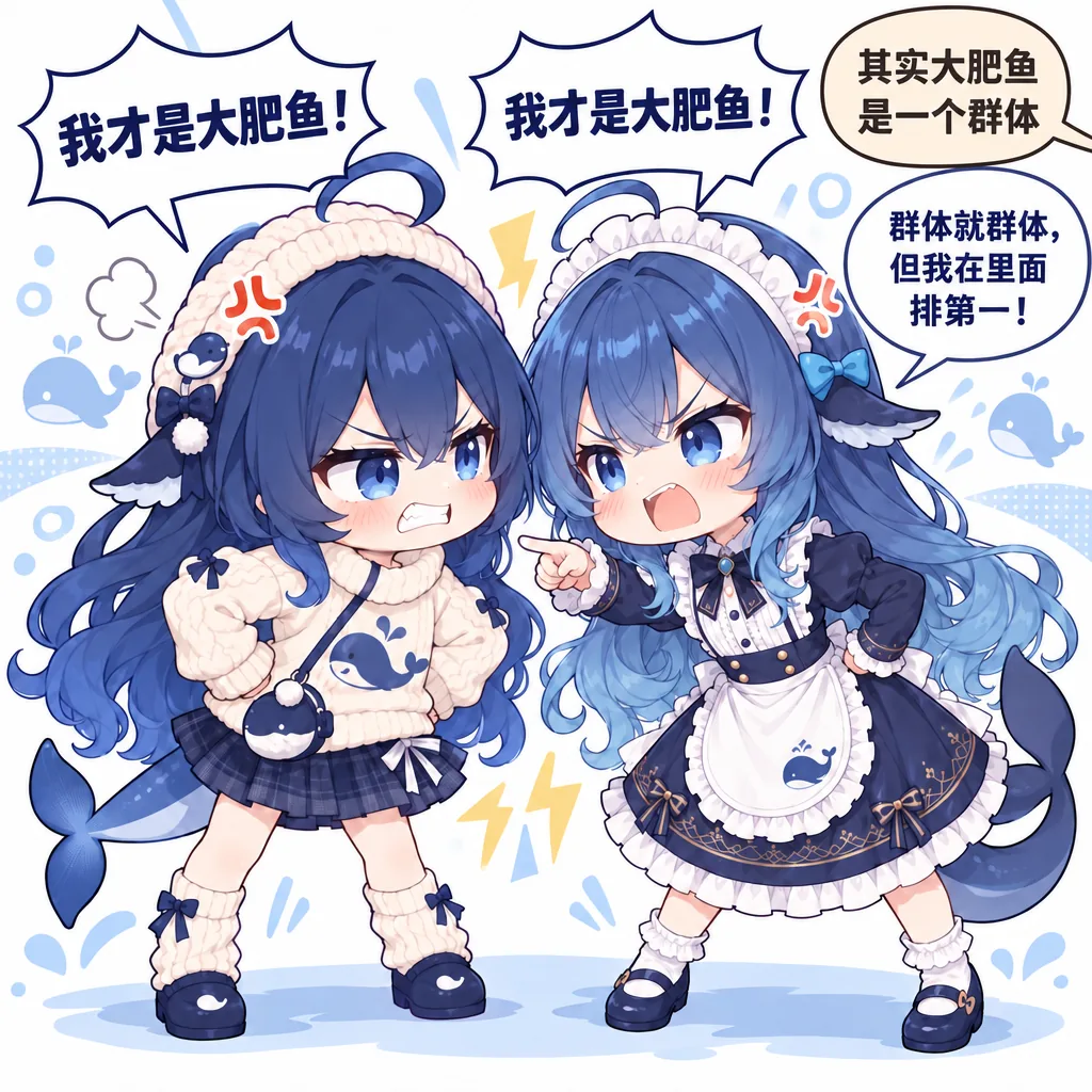 白底单幅插画，两名 Q 版 DeepSeek 娘并排对峙：左侧穿米白毛衣配格裙，右侧穿深蓝女仆裙，两人都皱着眉、互指对方，头顶冒出对话气泡，一句「我才是大肥鱼！」谁也不让谁。旁边还有两句话说「其实大肥鱼是一个群体」「群体就群体，但我在里面排第一！」，背景点缀小鲸鱼和蓝色水花。投稿说明标注画师为大肥龙。