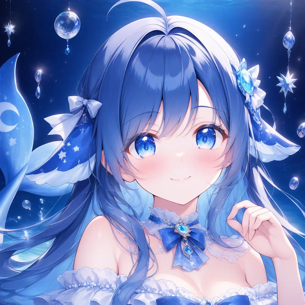 一位蓝发少女立于深海星空中,发间缀有月牙与星辰发饰,颈间蓝色蝴蝶结宝石领饰,身侧可见鲸尾,整体为深蓝梦幻色调的 AI 角色拟人化头像。