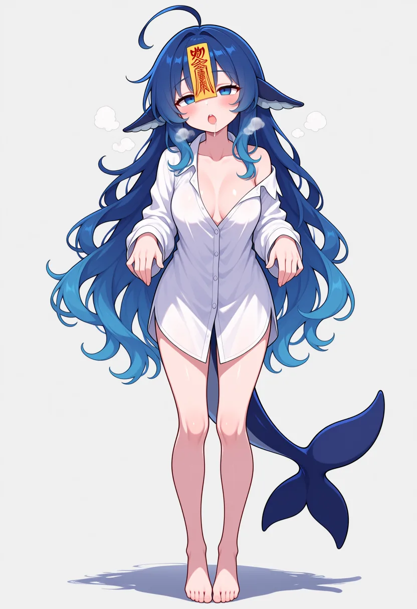 单幅 AI 插画：蓝色长发的 DeepSeek 娘站立，双臂向前平伸、手掌下垂，摆出僵尸的经典姿势，赤足直立。额前贴着一张黄色符纸，身穿一件宽松白衬衫，脸颊泛红、嘴微张，耳侧带有蒸汽状小云，深蓝鱼尾垂在右侧，背景为浅灰白。