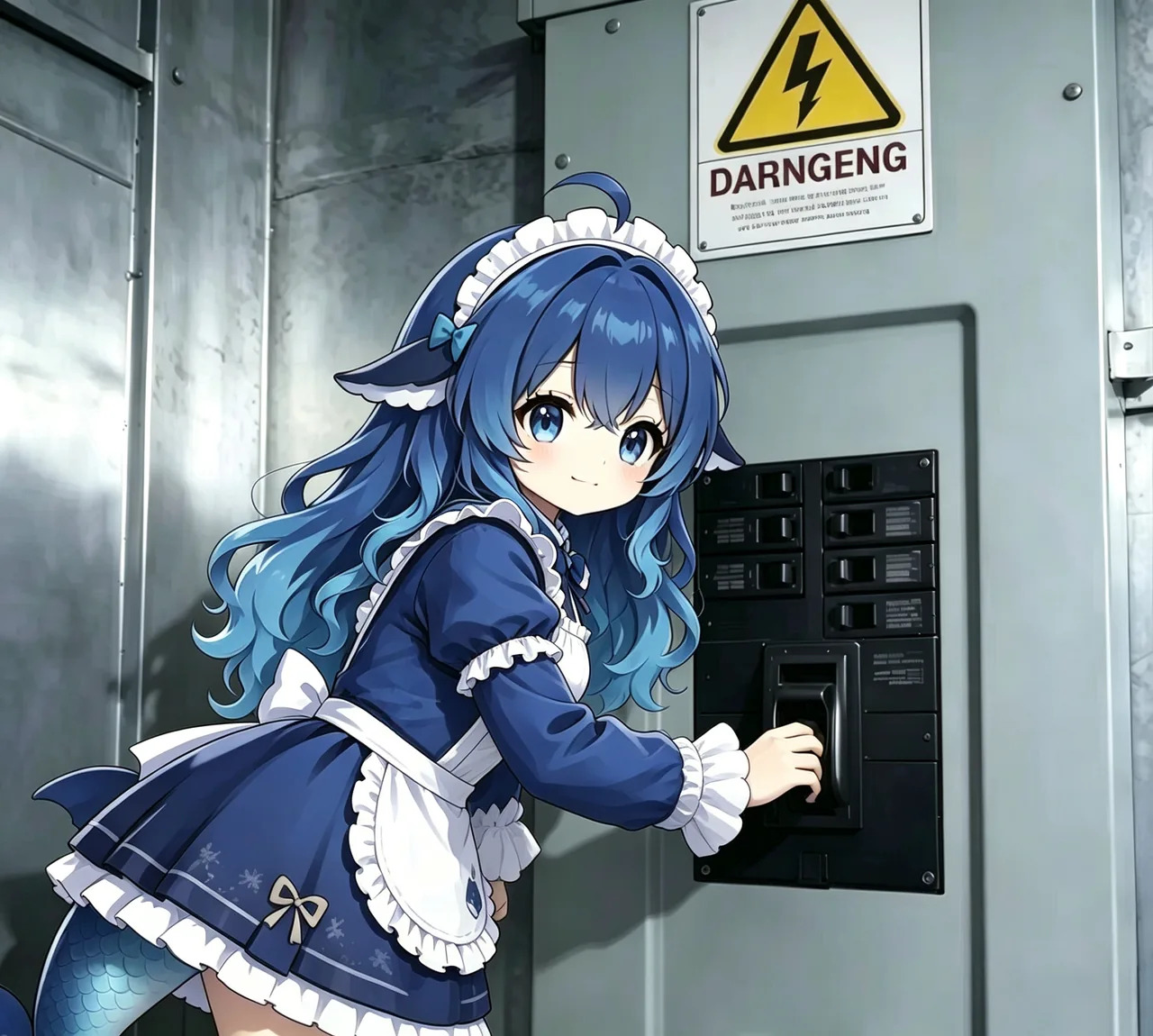 Wearing a deep blue maid outfit, DeepSeek Chan stands in front of an industrial electrical cabinet, glancing back at the viewer with one hand resting on a circuit breaker handle. Her blue hair and whale tail hang down behind her, a warning sign with a triangular lightning symbol is mounted on the wall nearby, and the cold interior lighting gives the whole scene a machine-room feel.