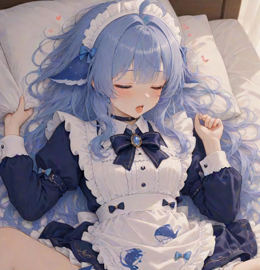 Blue whale拟人少女穿着女仆装抱枕入睡的DeepSeek二创插画。