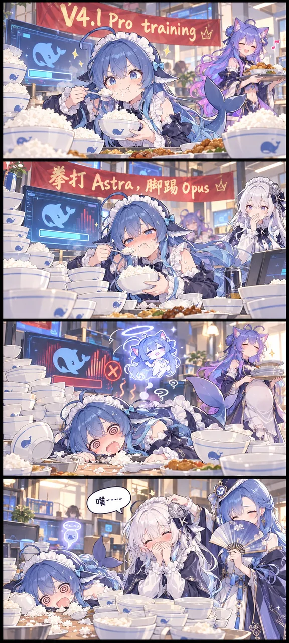 縦に4コマ並んだ漫画。紺色のメイド服を着た DeepSeek ちゃんが、白いご飯茶碗を山積みにした食卓に座っている。1コマ目は「V4.1 Pro training」と記された赤い横断幕の下でご飯を勢いよくかき込み、紫髪で猫耳のキャラクターが料理を運んで横を通り過ぎる。2コマ目は茶碗の山がさらに高くなり、横断幕には Astra を打ち負かし Opus を蹴ると掲げられていて、顔を赤らめながら食べ続ける彼女の後ろで白髪のキャラクターが口を押さえている。3コマ目は机に突っ伏し、頭の上に光輪のついた小さな幽霊姿の自分が浮かび、モニターのクジラのアイコンに赤い×印が走る。最後のコマでは白髪のキャラクターが吹き出し、扇を持った青いドレスのキャラクターと猫耳のキャラクターが見守るなか、小さな幽霊がまだ宙に浮いている。
