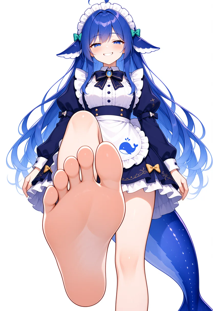 DeepSeek 拟人化的蓝发鲸尾少女穿女仆装,抬脚向镜头打招呼的二创插画。