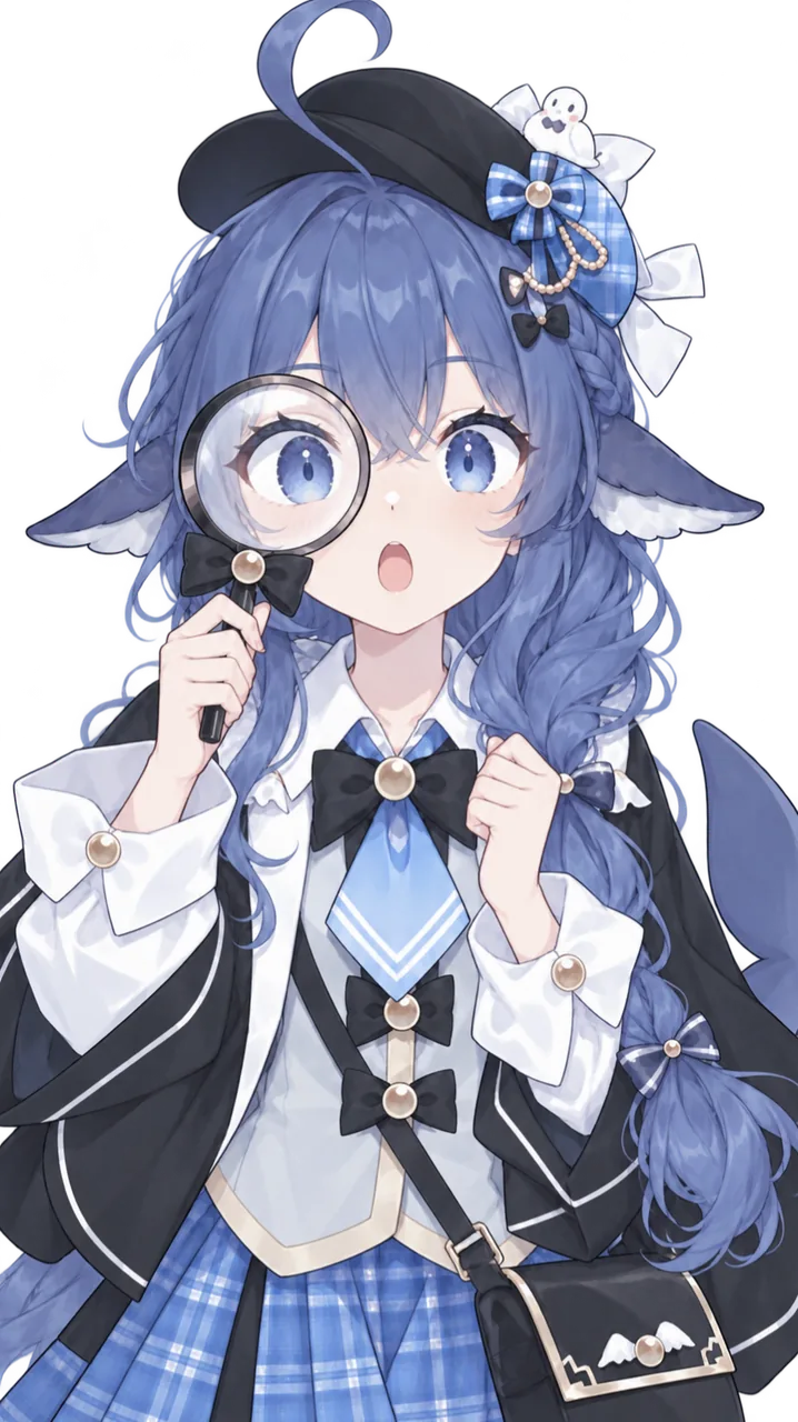蓝色大肥鱼收录的 DeepSeek 娘拟人化插画：蓝色长发的少女戴着黑色贝雷帽，帽子上别着蓝格纹蝴蝶结与一只小白鲸装饰；穿白色衬衫与蓝格纹裙的侦探装扮，一手将放大镜举在眼前、张大嘴巴露出惊讶表情。耳侧是可辨认的鲸鱼鳍状耳，身后露出蓝色鲸尾，背景为纯白无场景。