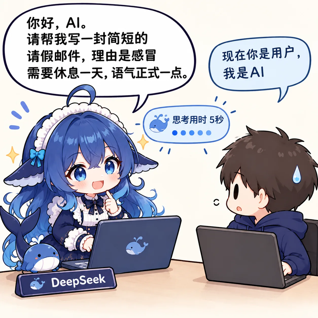 蓝发鲸鱼娘坐在写有 DeepSeek 的桌前，对镜头外的 AI 说请帮我写一封感冒请假邮件，语气正式一点；对面的少年冒汗回应现在你是用户、我是 AI，中间还有思考用时 5 秒的气泡。
