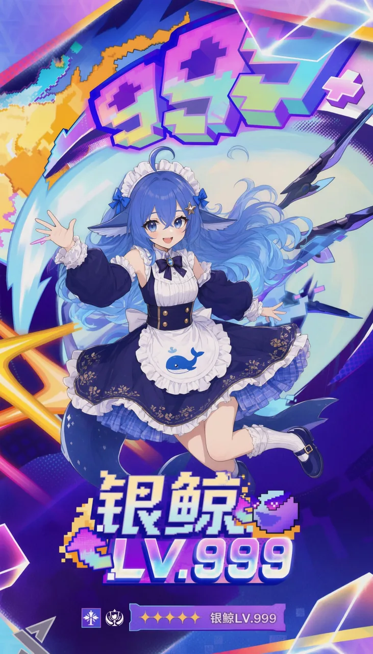 蓝发鲸耳少女身穿深蓝海军风女仆装，围裙上印着蓝色小鲸鱼，跃起张开双臂；四周是霓虹色抽象背景，画面上下有像素风「银鲸 LV.999」字样与五星横幅。