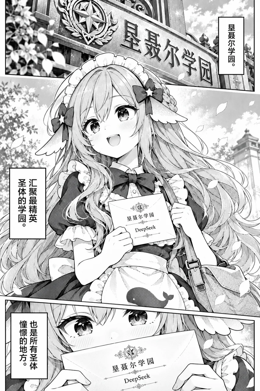 《伊甸园罪孽的绽放》连载第 13 页，三格黑白分镜。第一格是刻着“垦聂尔学园”校名的石质匾额与校徽；第二格 DeepSeek 娘抱着标有自己名字的录取信封站在校门前，身旁旁白说明这里是汇聚最精英圣体的学园；第三格以特写收在她双手与信封上，旁白补上这里是所有圣体憧憬的地方。