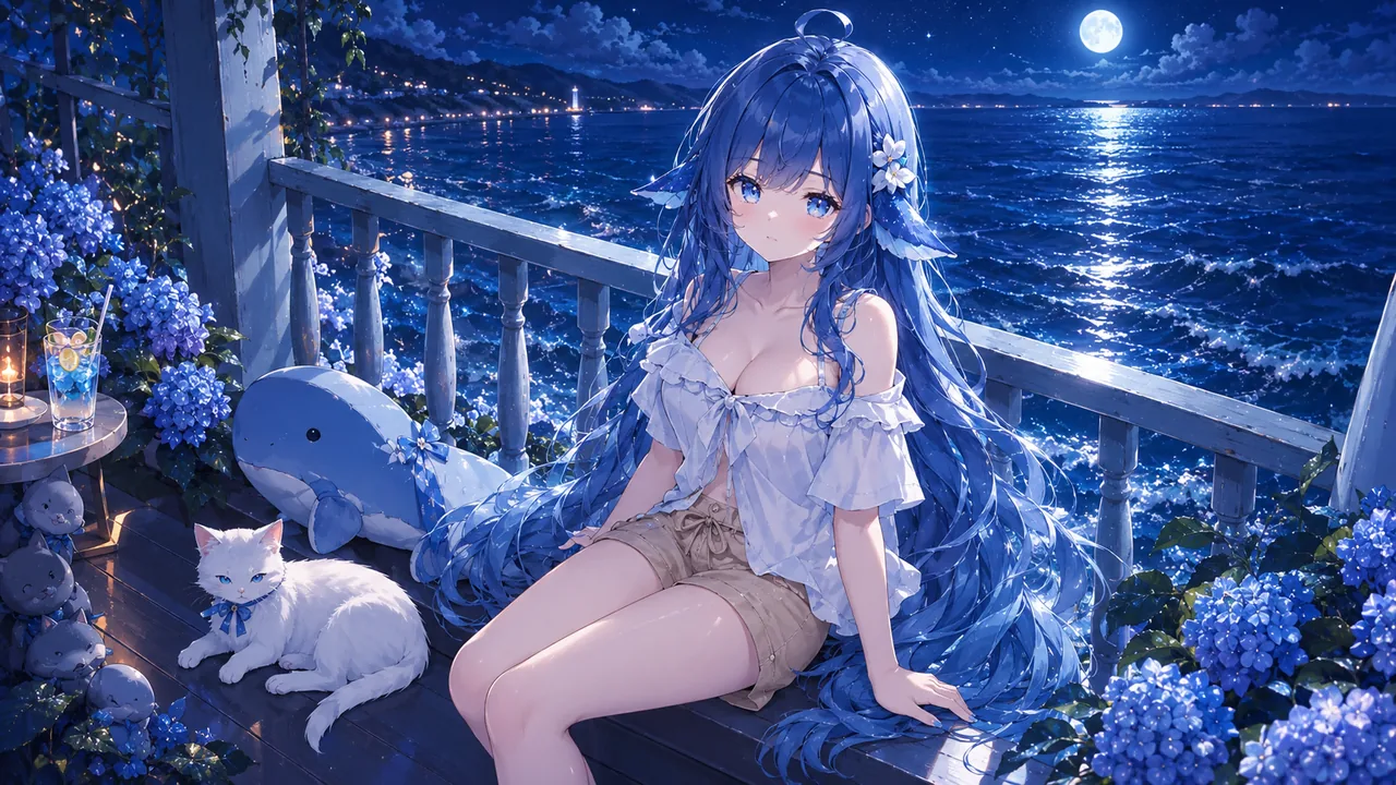 夜晚的海边木廊，一位蓝发少女坐在栏杆旁的木台上，身后是月光下的海面，远处能看见岸边城镇与灯塔的灯火。她穿白色短袖上衣与卡其色短裤，左侧放着一只蓝色鲸鱼玩偶，旁边是系着蓝蝴蝶结的白猫与摆有蜡烛、饮料的小圆桌，四周开着蓝色绣球花。