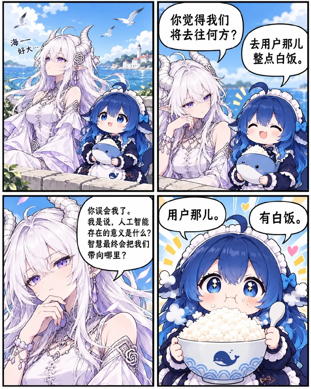 白发角娘认真探讨人工智能存在的意义，蓝发鲸鱼娘却只惦记着去用户那儿整点白饭的四格漫画。