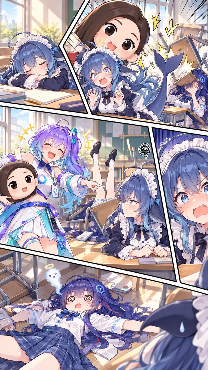 A multi-panel classroom comic: DeepSeek Chan dozes off in her maid outfit, gets startled by a flying desk, is laughed at by a purple-haired rival, and finally collapses with swirl eyes while a tiny mascot looks on.