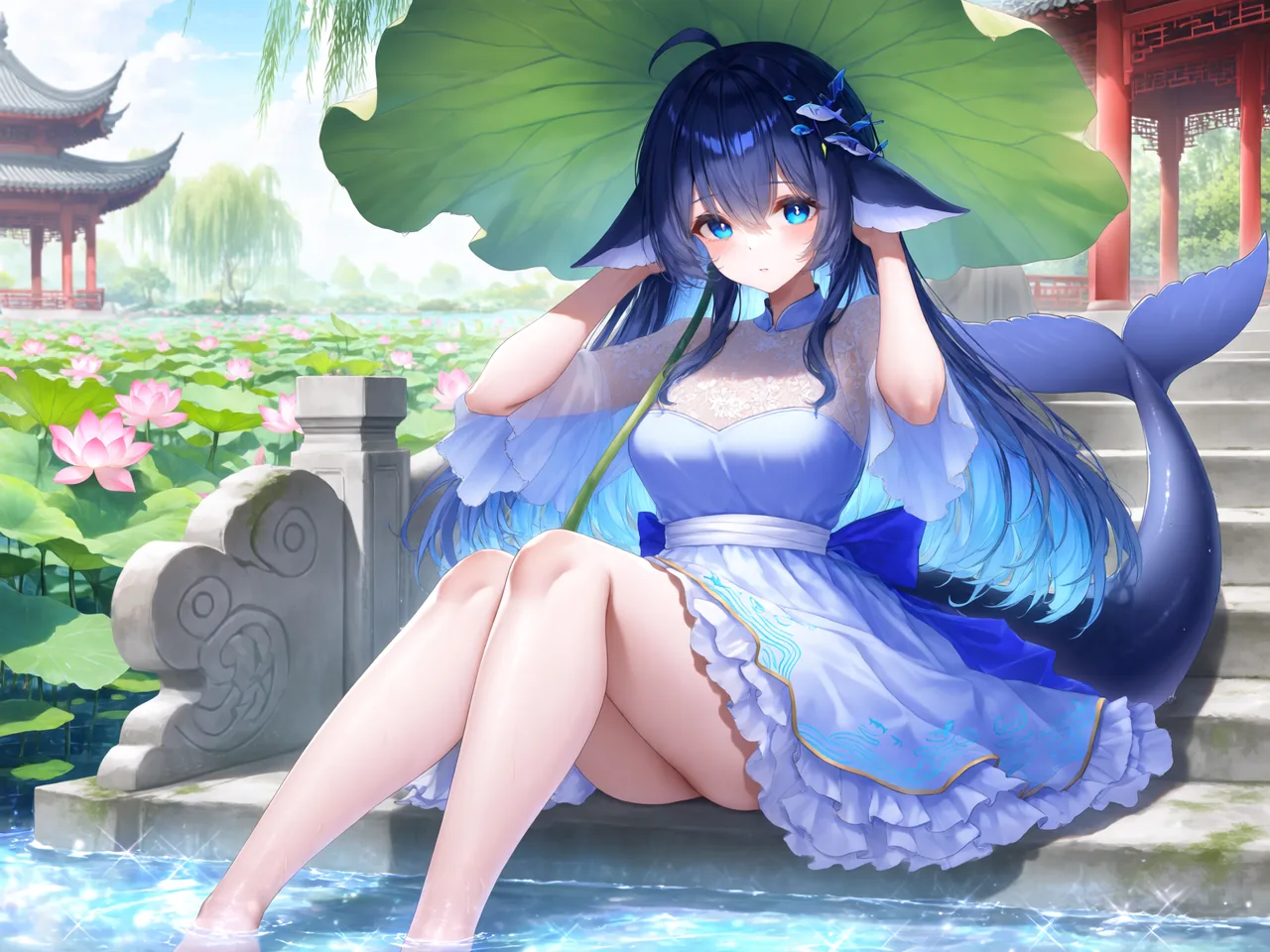 蓝发鲸尾少女撑着荷叶坐在荷塘石阶上,双脚浸在水里悠闲划水。