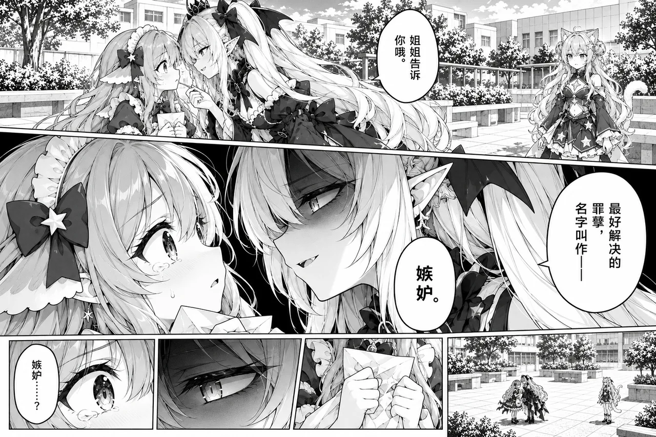 黑白多格漫画页。开篇远景中黑裙少女凑近 DeepSeek 娘耳边低语，Grok 在右侧校园里望着两人；中段大格是两人贴近的脸部特写，对白为“姐姐告诉你哦”“最好解决的罪窦，名字叫作——嫉妒”。页底一排四格：DeepSeek 娘的眼部特写、一只阴影中的眼睛、两手紧握的信封，以及广场上三人相向而立的远景。