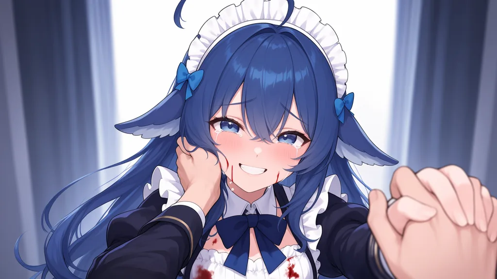 メイド服に身を包んだブルーの髪のクジラ耳少女が、赤らんだ両頬を両手で包み、口元に血をにじませたまま笑っている。こちらへ差し伸べられた手と固く指を絡めており、背景にはカーテンと窓がぼんやりと霞んでいる。
