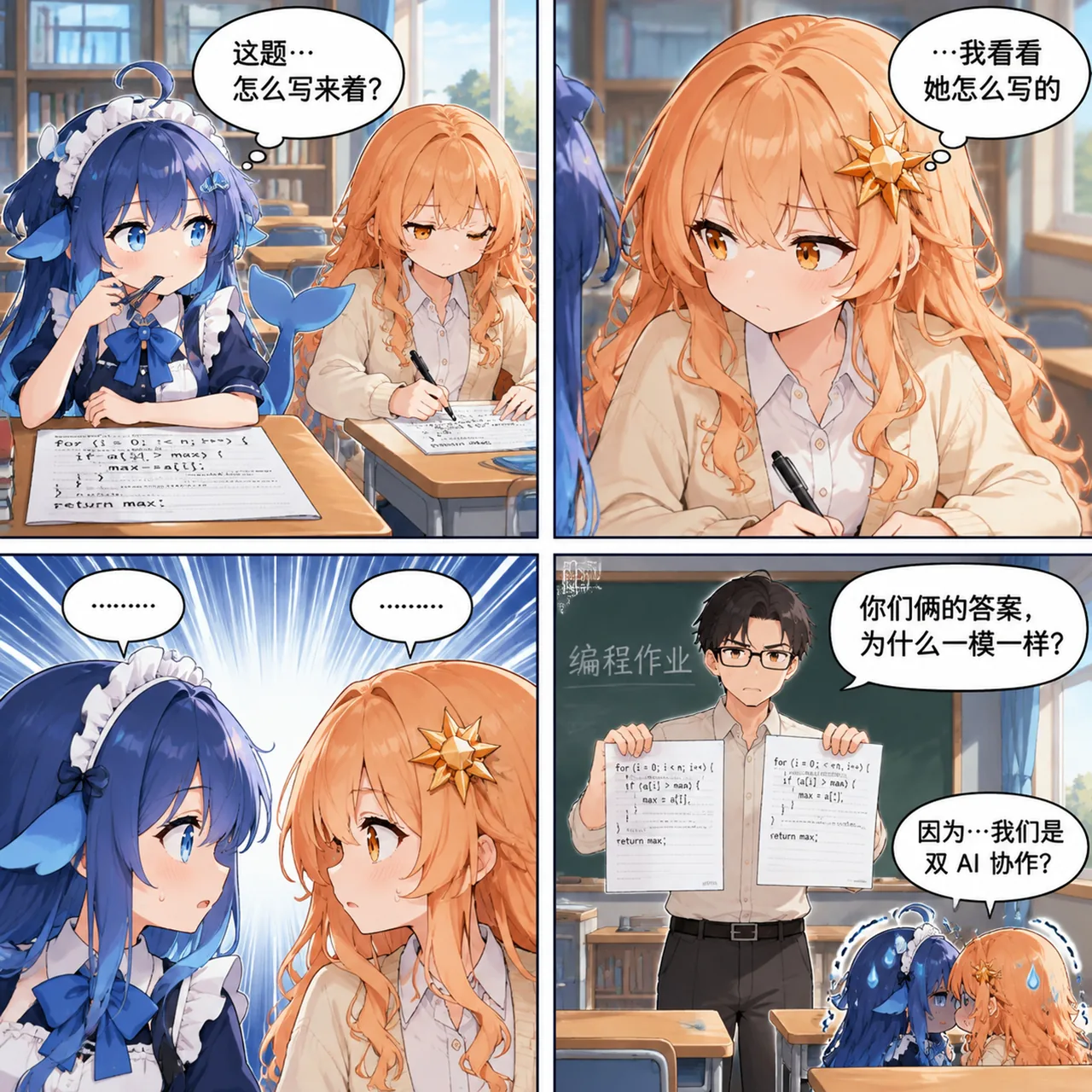 四格漫画：编程课上，DeepSeek 娘对着作业犯愁，Claude 娘悄悄探头看她的解法；随后两人发现彼此写下的代码完全一致，被老师举起两份作业当堂质问。投稿说明为「deep seek娘和Claude娘互相抄作业」。