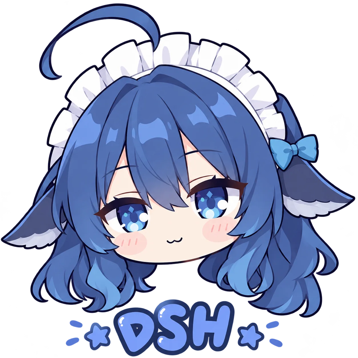 A single chibi avatar on a transparent background, showing a close-up of DeepSeek Chan's head: long blue hair, a white maid headband with a blue bow, fluffy dark blue ears, a smiling mouth and blush. The letters "DSH" appear below, flanked by star and dot decorations.