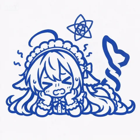 蓝色单色线稿的 Q 版 DeepSeek娘仍趴伏在地，蕾丝软帽罩在头上，鲸鱼尾巴甩出一道弧线，头顶浮着一个原子形符号，她皱着眉、双手贴在脸侧，一副晕头转向的样子。