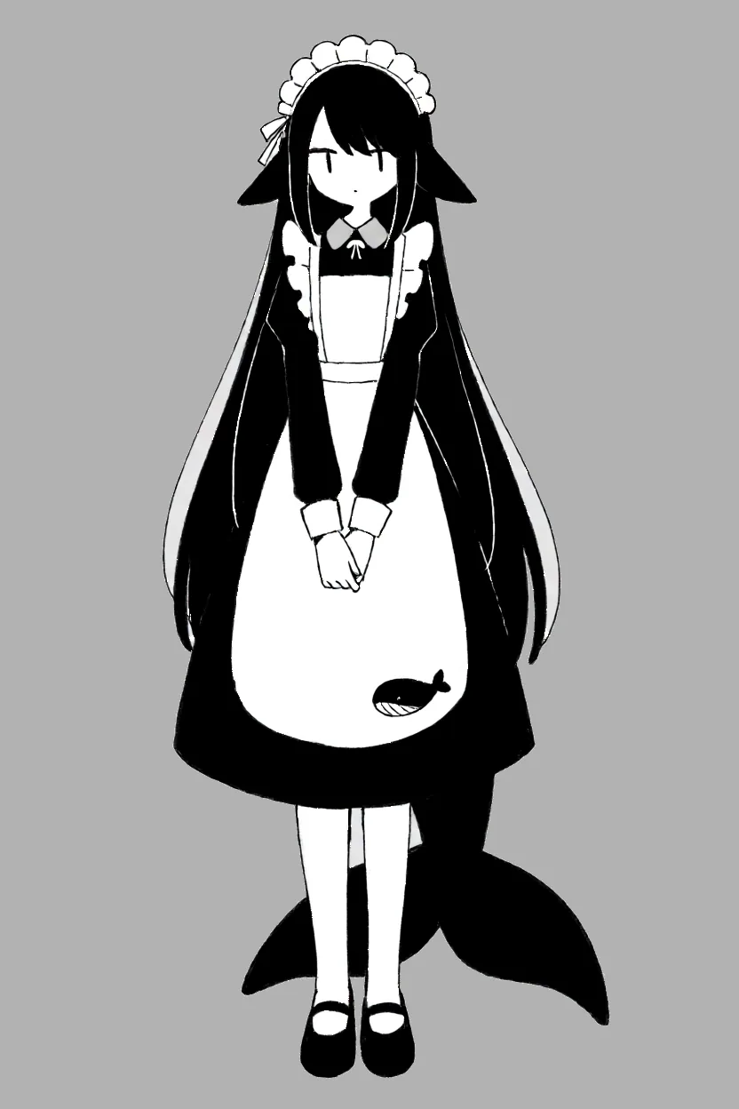 A black-and-white manga-style full-body illustration of an anthropomorphized DeepSeek Chan. She has long black hair, a maid's headdress, a black dress over a white apron with a small fish printed near the hem, and a whale tail trailing behind her. Her hands are folded in front of her and her eyes are lowered.