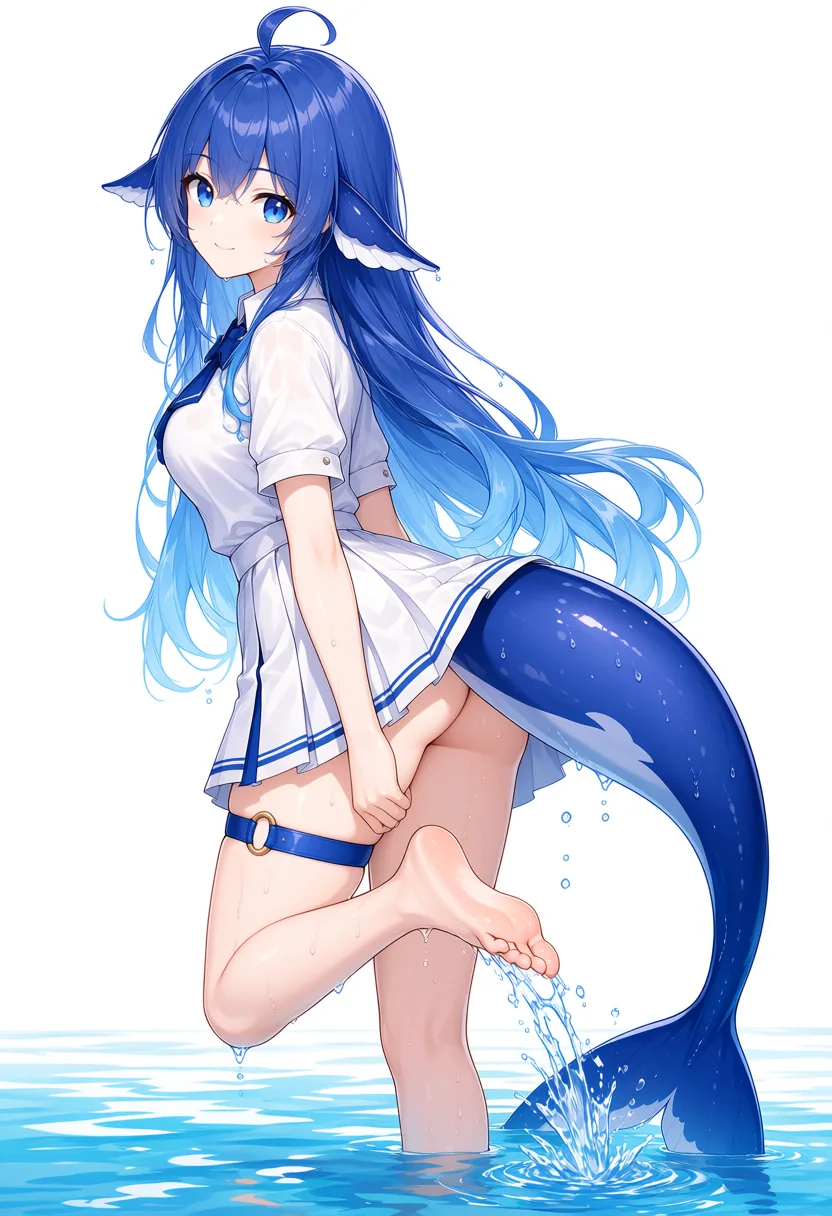蓝发鲸鱼娘身着水手服立于浅水中,鲸尾拍起水花,身上挂着水珠,回头笑望镜头。