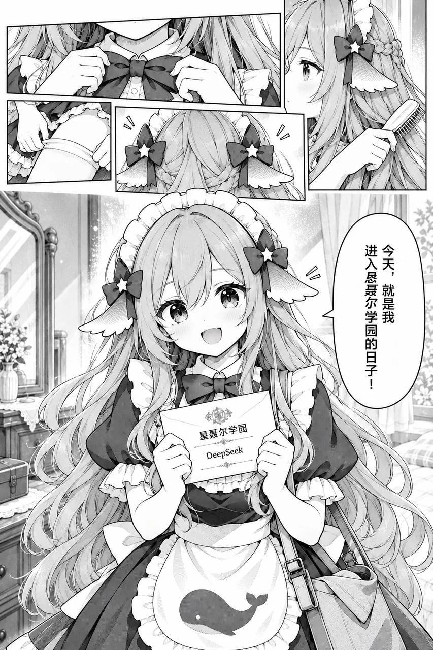 《伊甸园罪孽的绽放》连载第11页，黑白多格漫画。先是特写：女孩系好领口的蝴蝶结、抬起围裙边、把两只带星的发结别到鬓角，再对着镜子梳头。大格中她穿着深色女仆装，围裙上印着鲸鱼图案，双手捧着一张写着学园名与“DeepSeek”的入学信，笑着说今天就是她进入恳聂尔学园的日子。