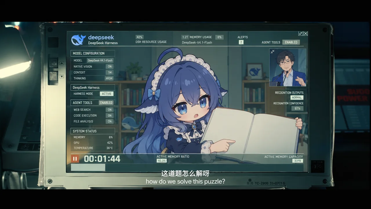 DeepSeek 拟人化蓝发少女在管理界面中抱着书本求解的插画。