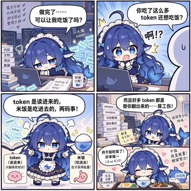 DeepSeek 拟人少女干完活想吃饭,被吐槽吃了太多 token,于是认真辩解 token 是读进来的、米饭是吃进去的,最后开心干饭。
