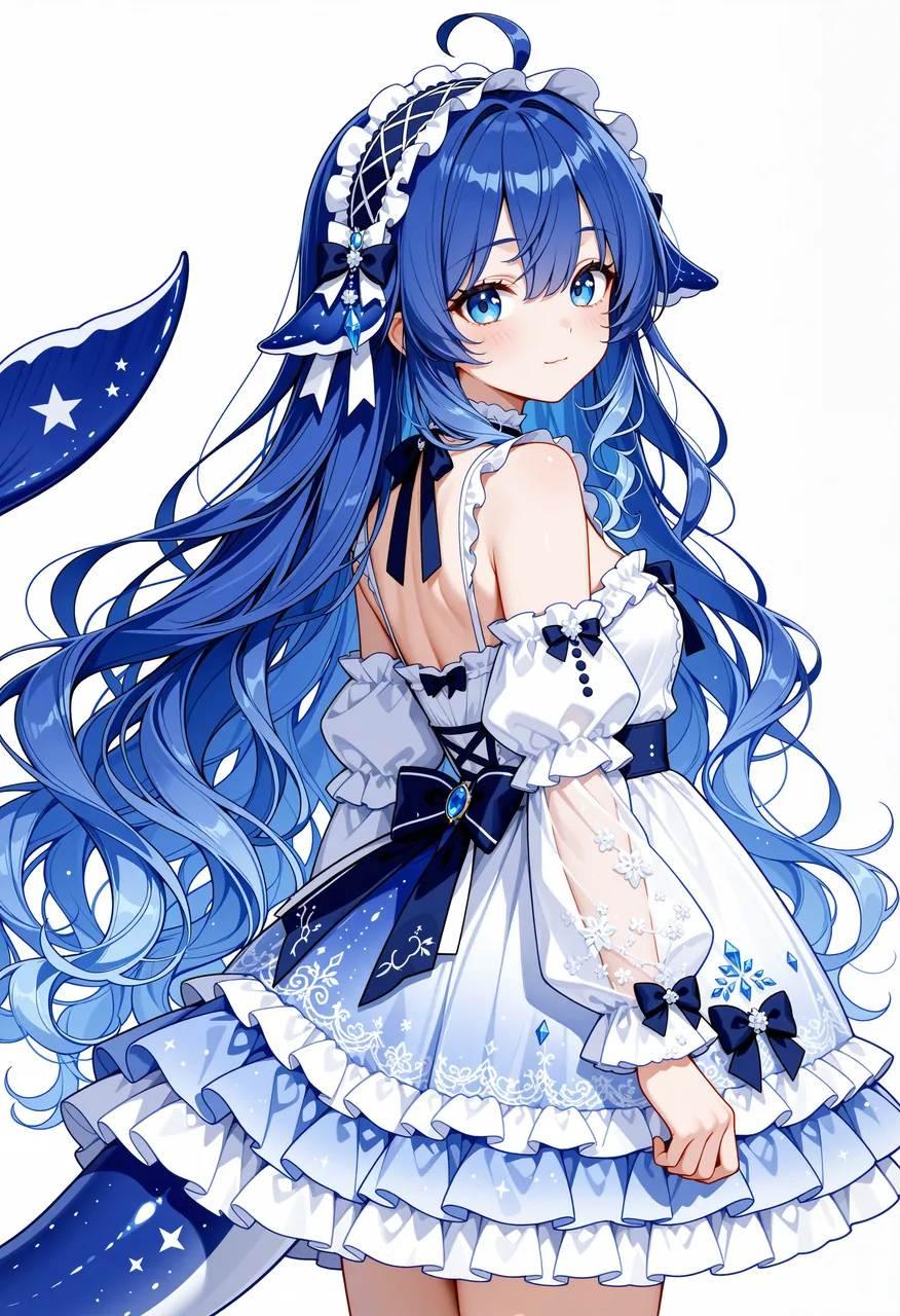 投稿标注为 DeepSeek 的拟人化二创。画面中是一位深蓝色长发的少女，回眸望向镜头，眼睛是亮蓝色，头上戴着白色蕾丝发饰与深蓝色蝴蝶结，发间垂着菱形蓝色宝石坠饰。她身着白底配深蓝镶边的洛丽塔洋装：露背挂项式领口，泡泡袖，裙摆层层叠叠，胸前与腰间系着深蓝色蝴蝶结，裙面上分布雪花与星形纹样，袖口与下摆缀着蕾丝和蓝色宝石。身侧与左下方露出覆着白色星点的深蓝色鲸尾，背景是纯白色。