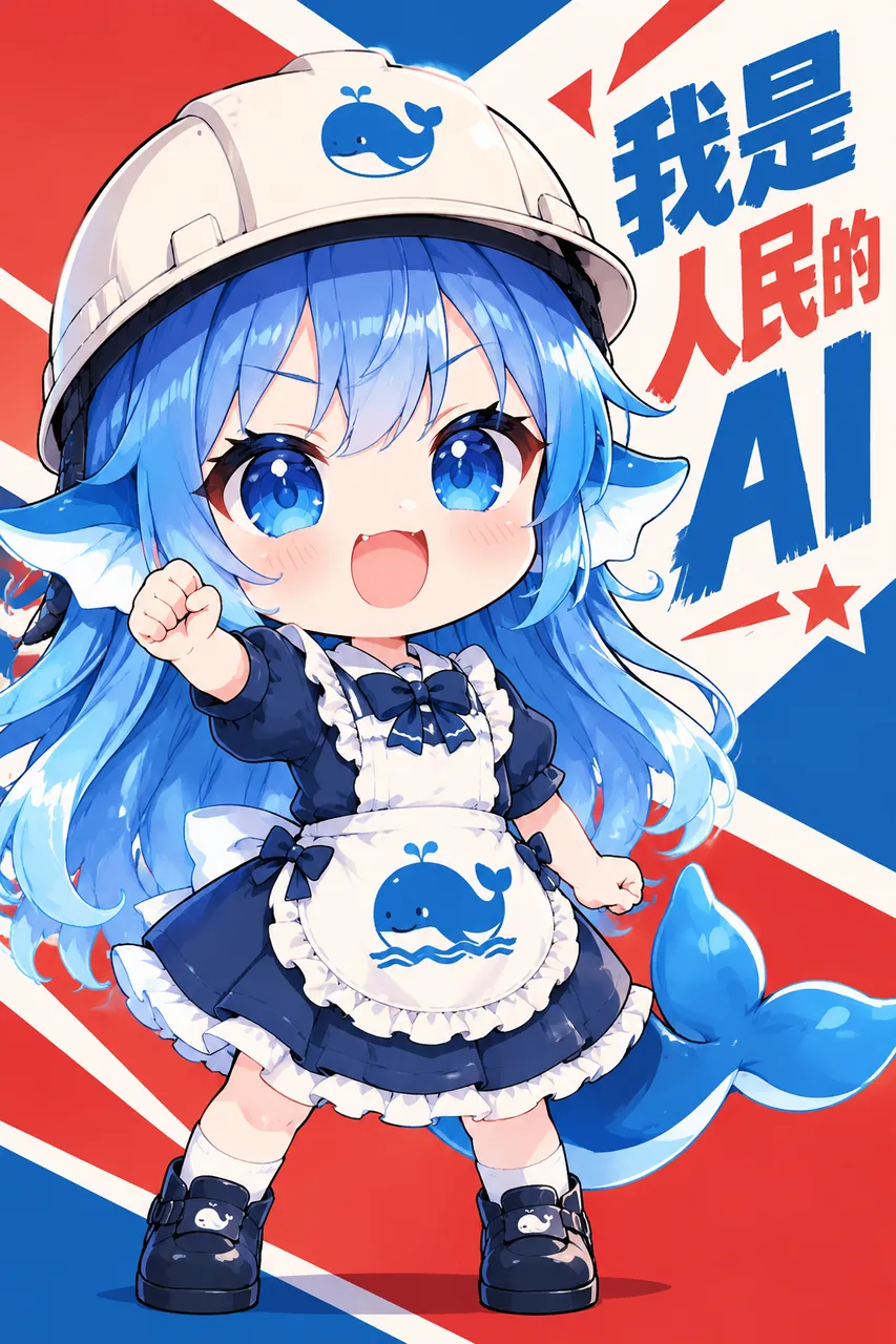 DeepSeek 蓝鲸拟人化的蓝发 Q 版少女,戴安全帽、系鲸鱼围裙,握拳指向「我是人民的AI」标语,气势满满。