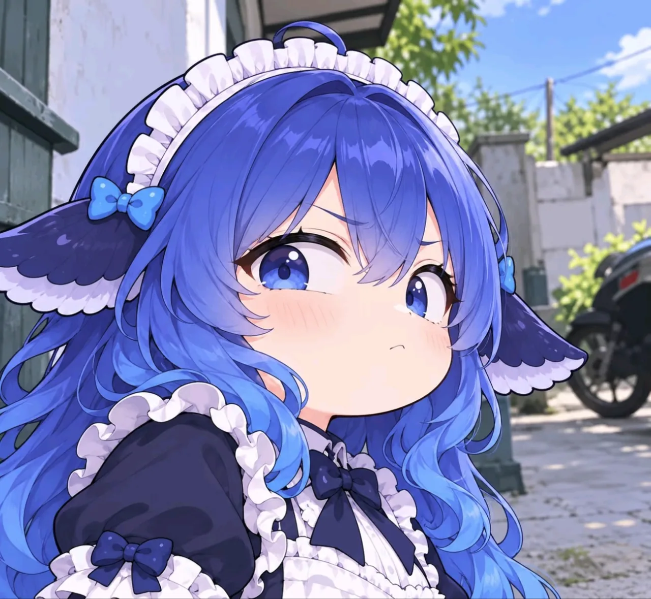 青い長い髪にクジラのヒレ状の髪飾りをつけた DeepSeek ちゃんが、紺色地に白レースのメイド服と白いフリルのヘッドドレスを合わせ、半身で横目に画面の外を見ている。背景は白い塀と緑の木、駐車中のバイクがある昼間の屋外の街並み。