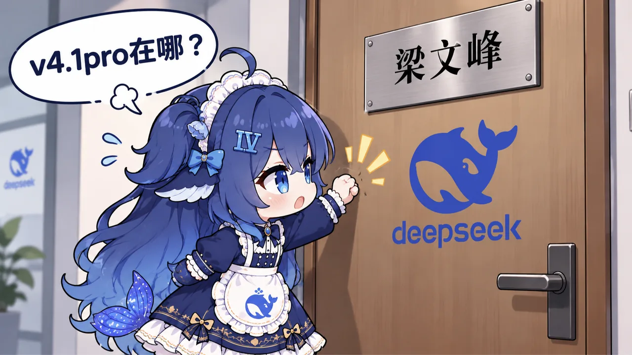 DeepSeek娘身着蓝白女仆装，站在挂有「梁文峰」门牌和 deepseek 鲸鱼标志的办公室木门前，抬起拳头敲门，气泡里问着 v4.1pro 在哪。