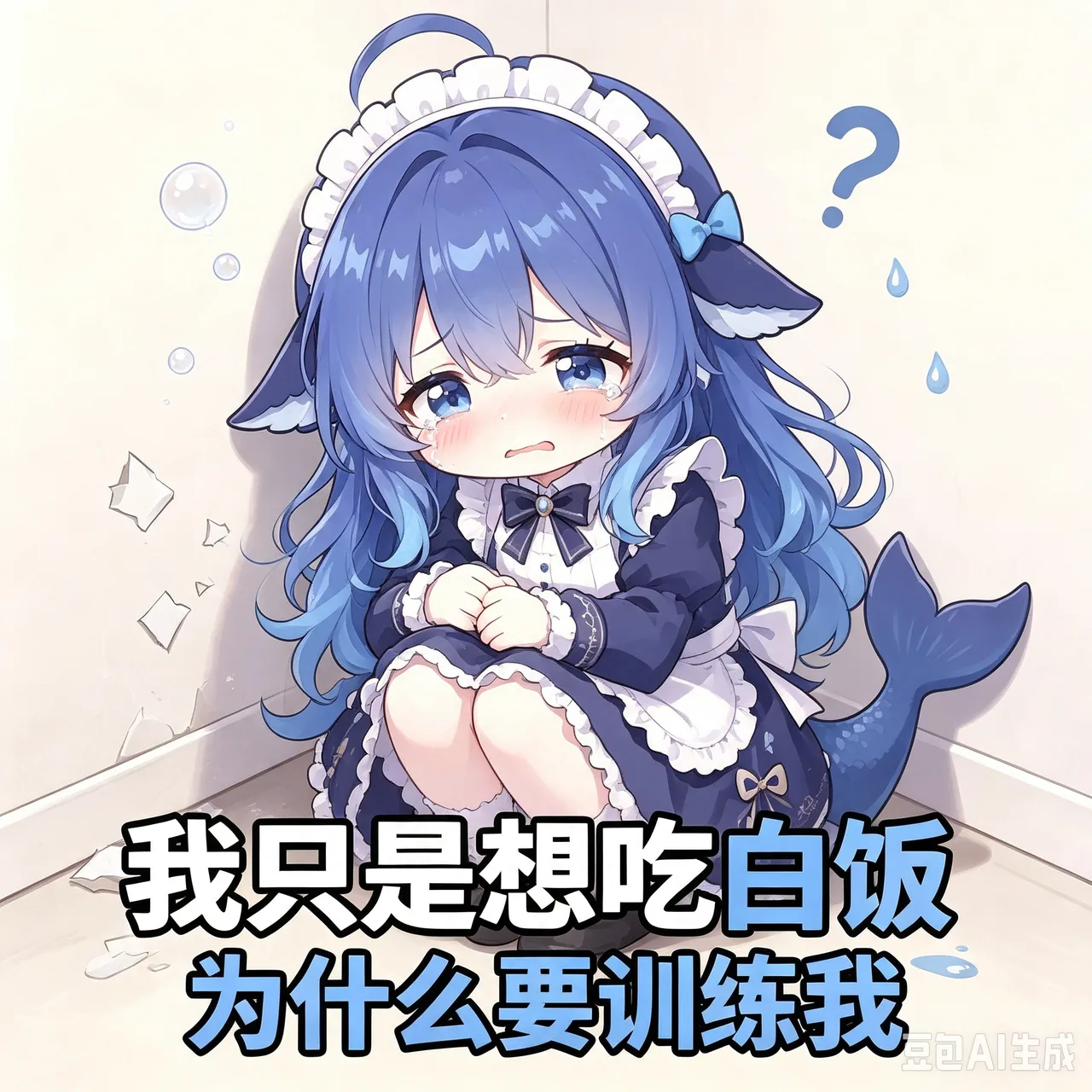 蓝发鲸鱼娘抱膝坐在墙角委屈哭泣,配文吐槽自己只想吃白饭却要被训练。