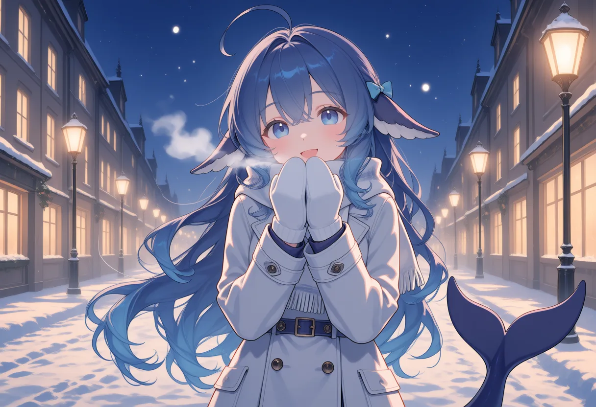 蓝发少女穿着白色大衣、戴着白手套，站在积雪的街道中央，双手合拢在嘴前呼气取暖，鼻尖被冻得发红。两侧是覆雪的建筑与暖色路灯，夜空点缀繁星，身后露出深色尾鳍。