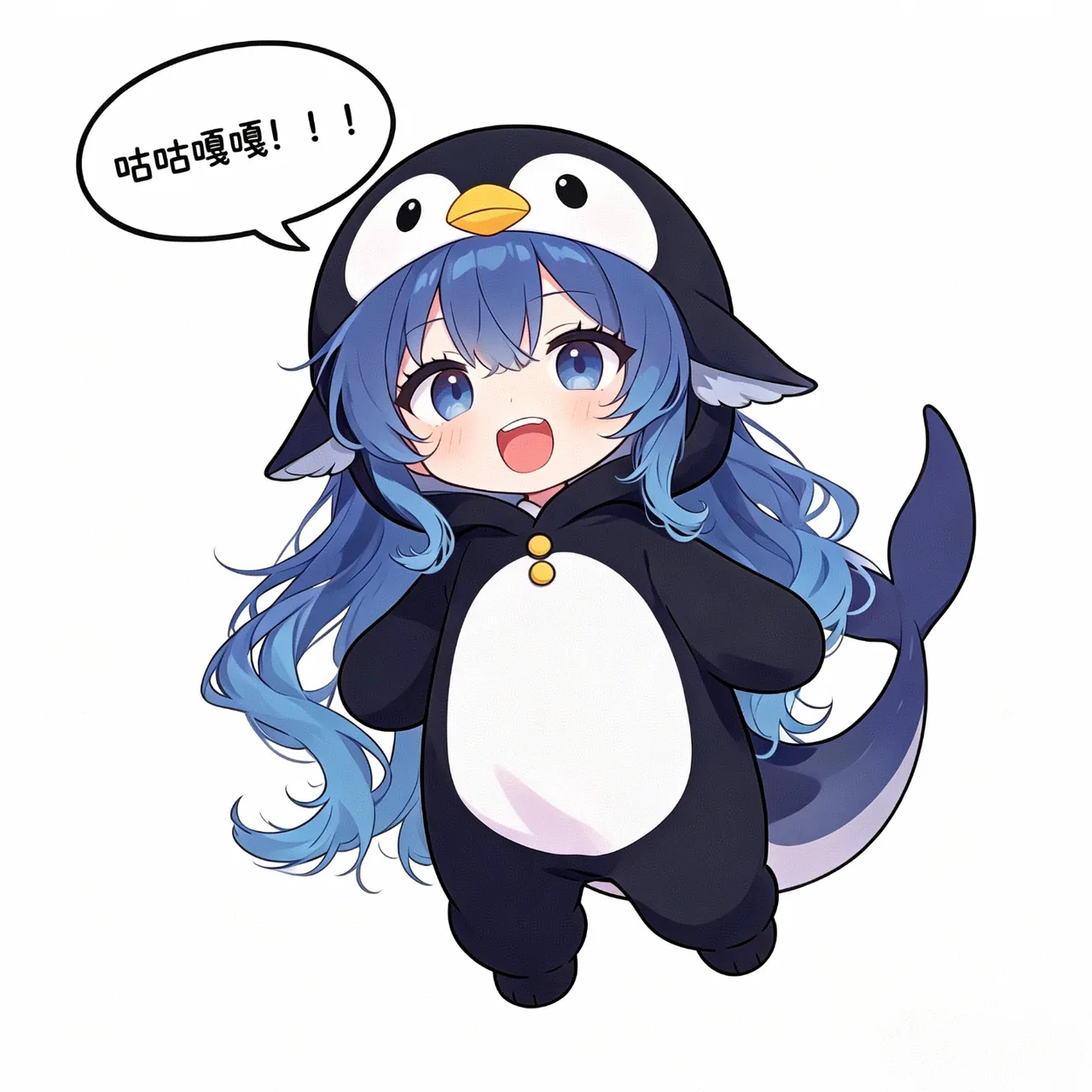 蓝发 Q 版 DeepSeek 拟人角色裹着企鹅/蓝鲸玩偶服,张嘴大喊「咕咕嘎嘎!!!」的萌系表情包。
