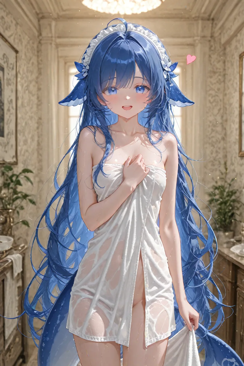 蓝色长发、鲸鱼耳饰的 DeepSeek 拟人化少女裹着白色浴巾站在浴室里，湿发滴水、脸颊微红，还带着一颗粉色爱心。