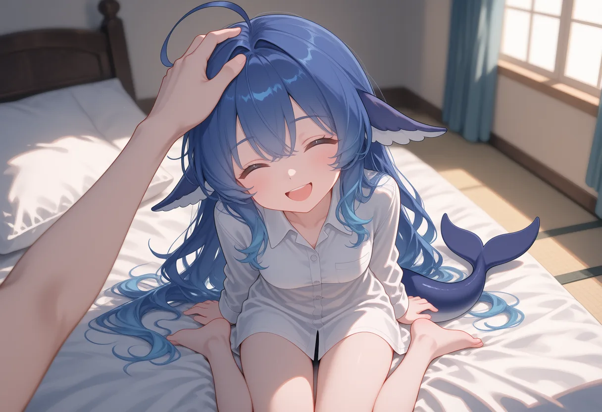 白い長袖シャツを着たDeepSeekちゃんが白いシーツのベッドに座り、画面の外から伸びた手が頭に乗せられている。目を細めて楽しそうに笑い、青いクジラの尾は横に垂れ、カーテンの向こうから午後の光が差し込む。