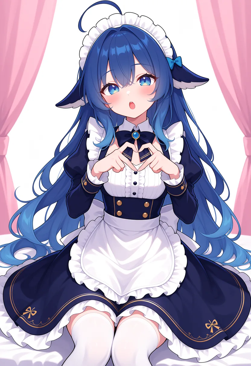 青髪のDeepSeekちゃんが紺と白のメイド服姿でピンクのカーテンの前に跪き、胸の前で両手を合わせてハートを作っている。