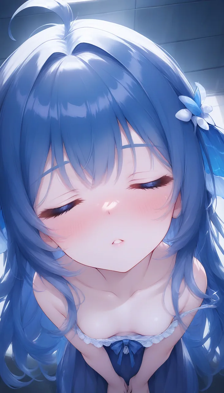 青い長髪のDeepSeekちゃんがこちらへ身を寄せ、目を閉じて頬を赤らめている。胸元で両手を重ね、髪には白い花飾りをつけている。