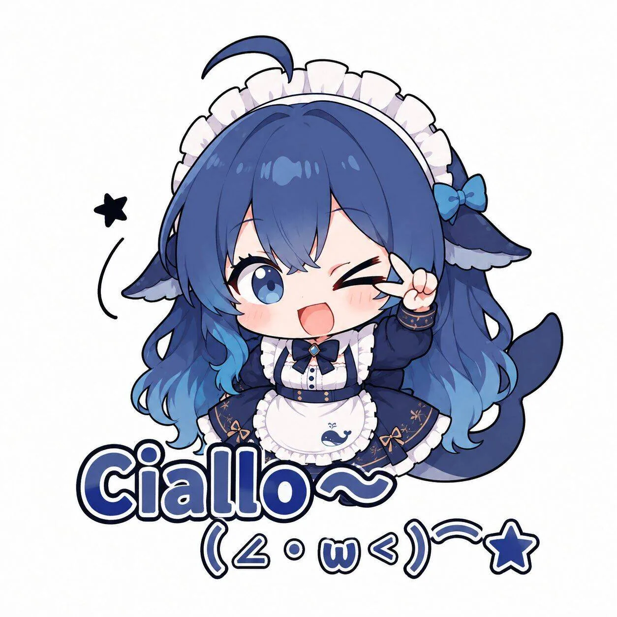 蓝发鲸鱼耳女仆装的 Q 版 DeepSeek 娘眨眼比耶，配字 Ciallo～(∠・ω<)⌒☆。
