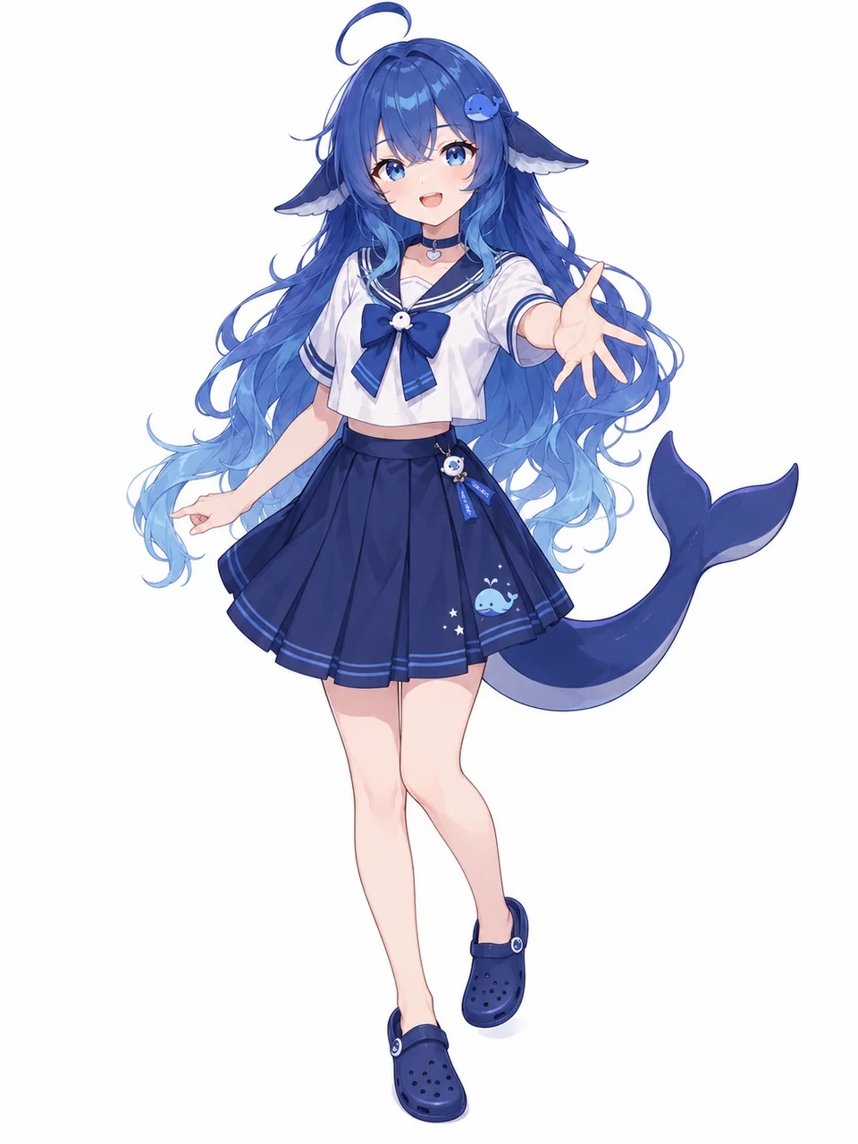 蓝发鲸鱼娘 DeepSeek 娘身穿水手服与深蓝百褶裙,头顶一撮呆毛、身后拖着鲸鱼尾,右脚轻抬,向镜头伸出右手。