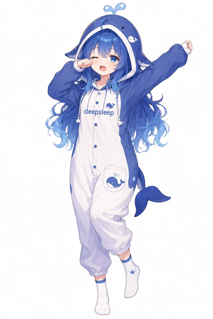 蓝发少女身穿蓝白连体鲸鱼睡衣,胸口印有“deepsleep”字样,鲸鱼兜帽带鳍和尾巴,她一手揉眼、张嘴打哈欠,单脚抬起伸懒腰。