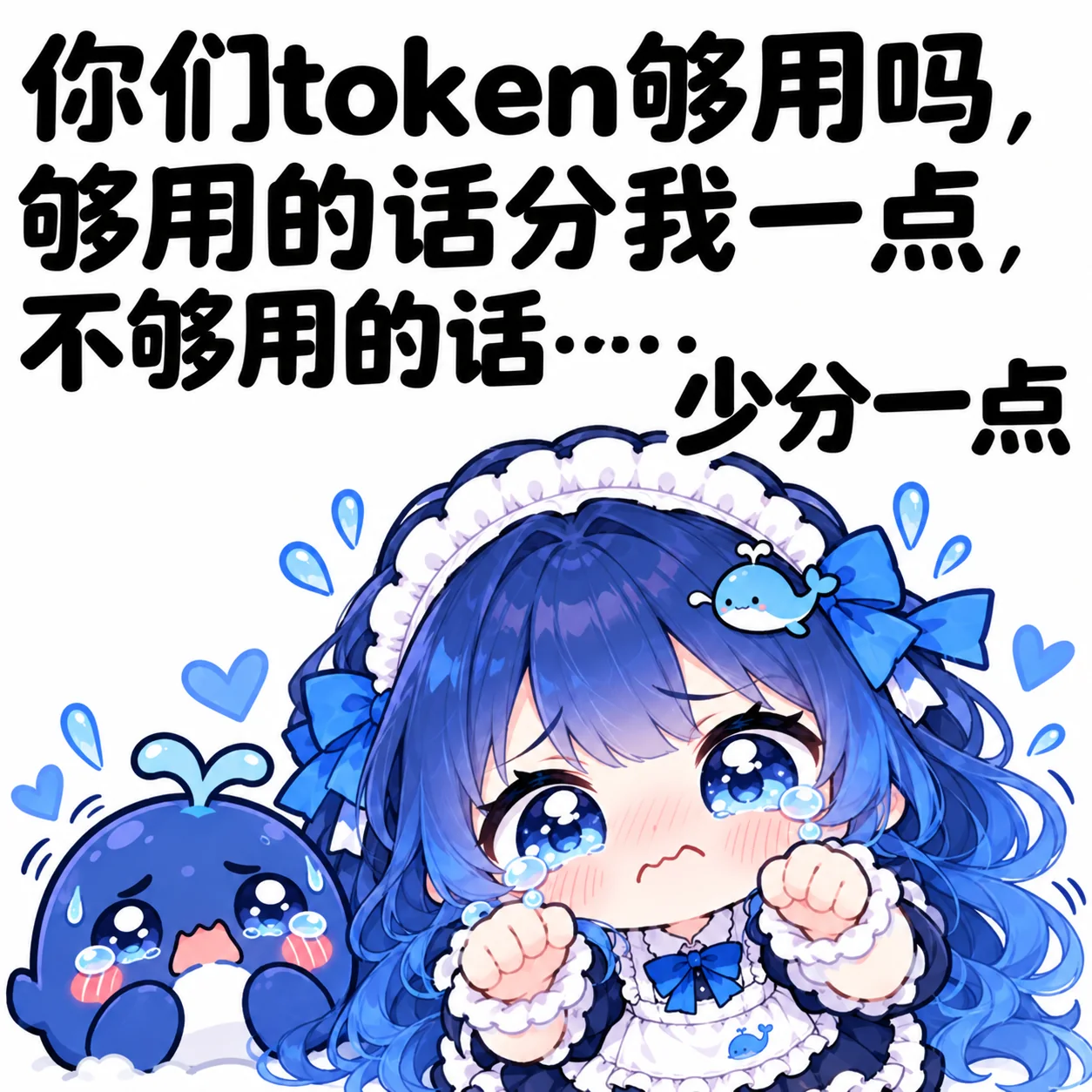 蓝发女仆装的 DeepSeek 娘眼含泪水、双拳紧握,身旁一只小蓝鲸也哭成泪人。画面上方配文:你们token够用吗,够用的话分我一点,不够用的话……少分一点。