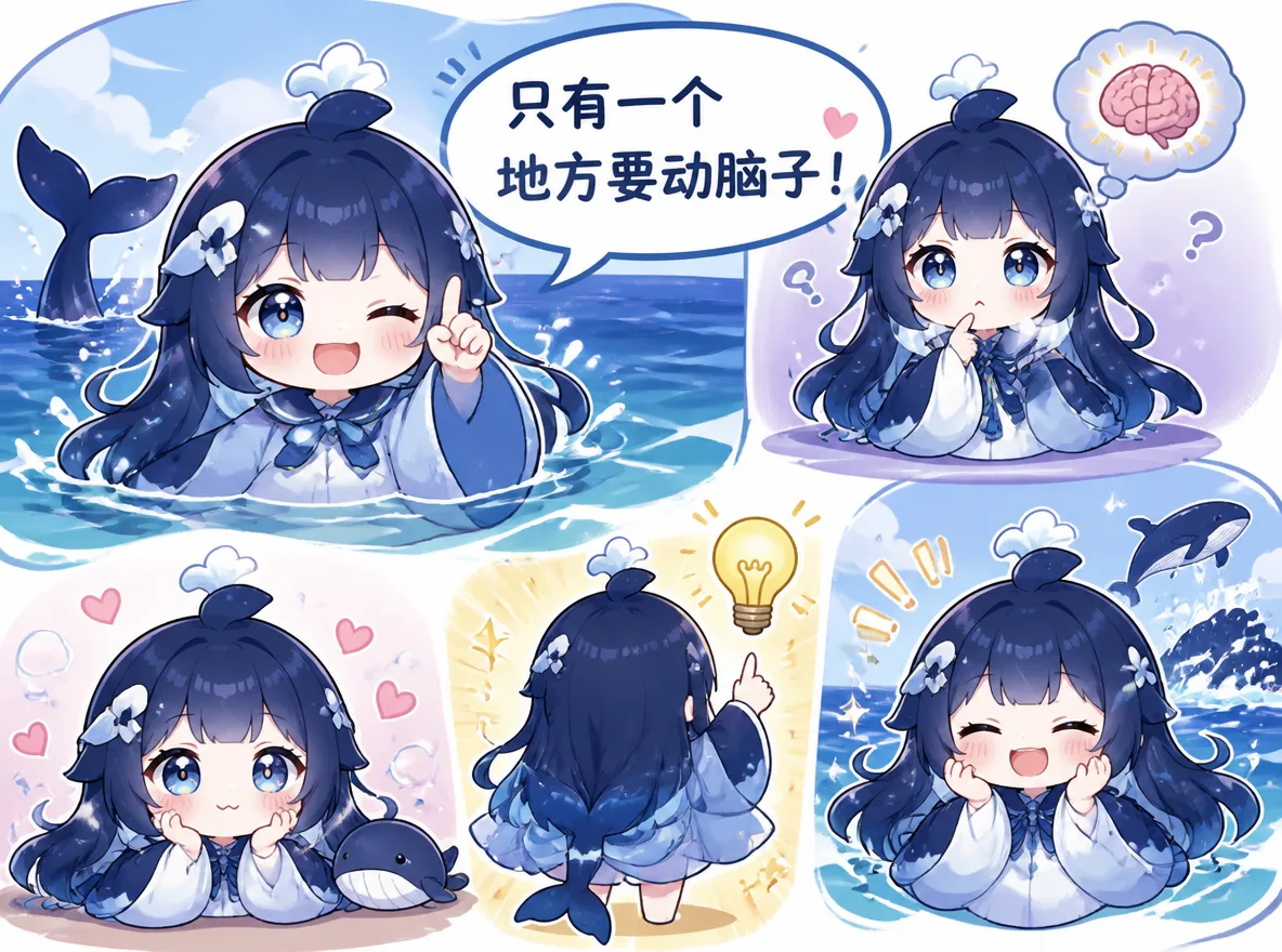五格分镜中,蓝发鲸鱼娘先说「只有一个地方要动脑子」,随后抱手疑惑、趴着托腮、背身冒灯泡、最后拍脸大笑,背景有鲸鱼跃出水面。