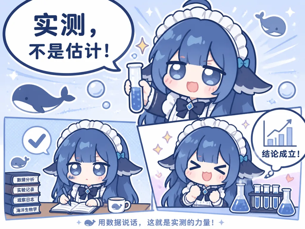 蓝发鲸鱼娘DeepSeek娘举着试管,气泡中写着“实测,不是估计!”;下方分镜显示她写实验记录、观察日志后欢呼“结论成立!”,画面点缀鲸鱼与烧瓶。