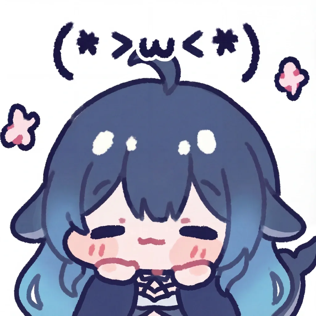 蓝发鲸鱼耳少女双手捧脸、闭眼羞红,头顶浮现颜文字「(*>w<*)」,两侧点缀粉色小花,整体为软萌涂鸦风。