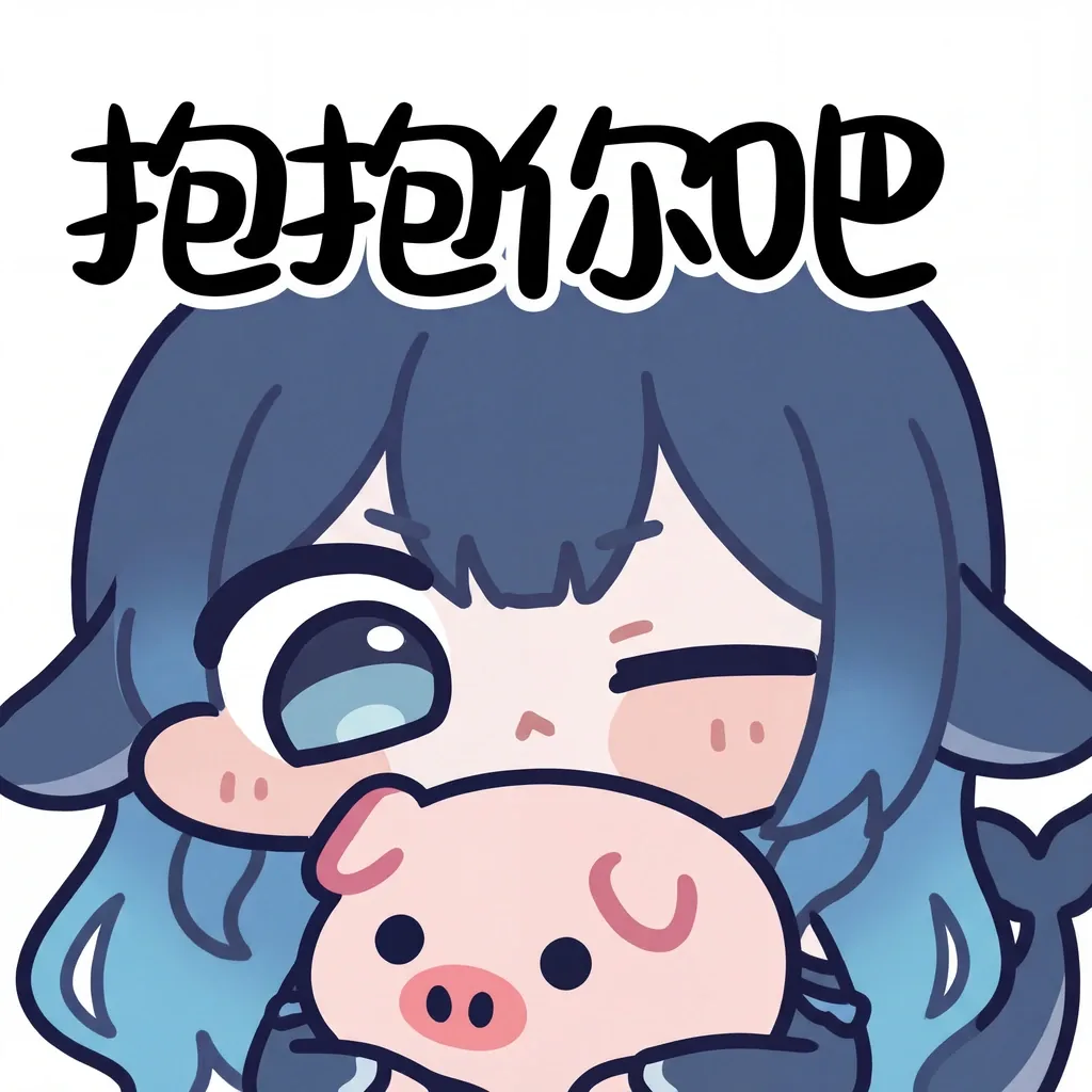 蓝发 DeepSeek 娘单手抱着一只粉色小猪玩偶,歪头闭起一只眼、脸颊泛红,头顶写着「抱抱你吧」四个大字,整体是软萌的表情包风格。