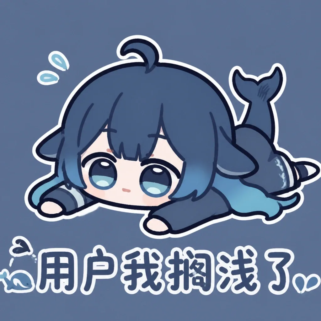 蓝发鲸鱼娘二创形象整个人趴在蓝色背景上,头顶呆毛、身后翘起鲸鱼尾巴,脸旁飘着几滴气泡,下方配有白色描边文字「用户我搁浅了」。
